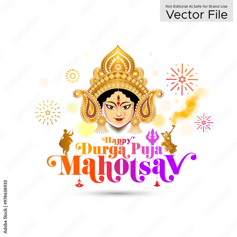 Wall mural happy durga puja mahotsav background. goddess devi maa durga vector illustration for navratri festiv