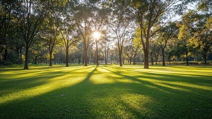 A serene landscape featuring sunlit trees casting long shadows on lush green grass, perfect for nature and tranquility themes.