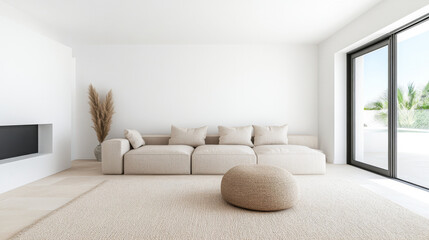 Fototapeta premium Bright and spacious modern living room featuring a neutral color palette and minimalistic decor, ideal for relaxation or entertaining guests
