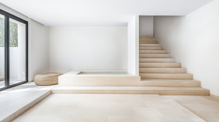 Fototapeta premium Modern minimalist interior featuring a light-filled space with a staircase, seating area, and an inviting water feature during daylight hours