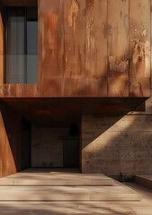 Modern Minimalist House Exterior with Rusty Metal Wall and Wooden Deck