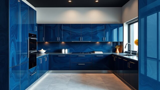 Professional-grade dark blue kitchen cabinets with smooth, high-gloss finish, sleek hardware, and modern, minimalist