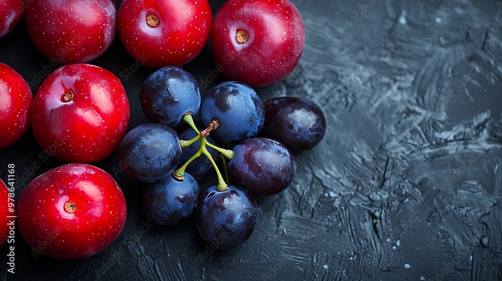 Poster Plums and One Grape Top View Background : Generative AI