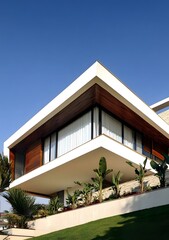 Fototapeta premium Modern House with Wooden Paneling and Large Windows