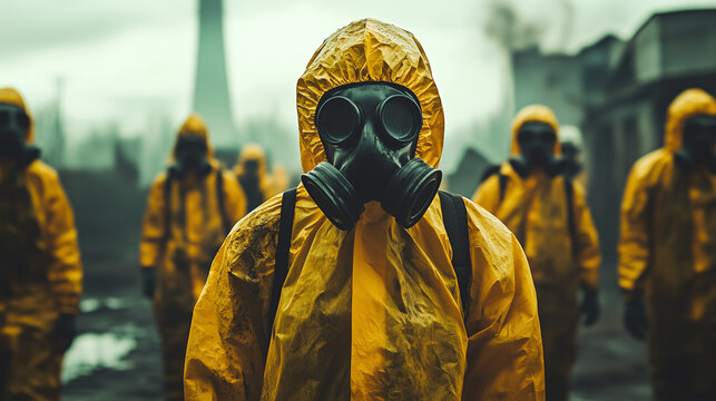  Group of scientist wearing protective gas mask and yellow suit in nuclear hazard radiation zone after post apocalypses 