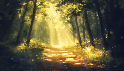 Fototapeta premium A sunlit path through a forest, with dappled sunlight on the ground.