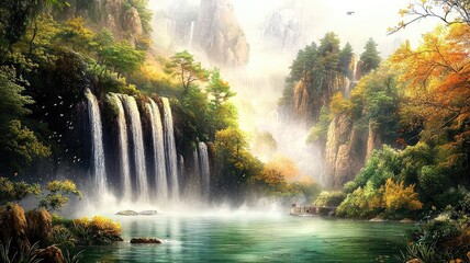 A serene waterfall cascading into a tranquil river surrounded by lush greenery and vibrant autumn foliage.