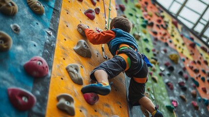 Fototapeta premium A Young Boy Having Fun and Enjoying Indoor Rock Climbing on a Colorful Bouldering Wall