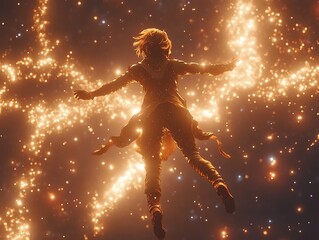 Naklejka premium A silhouette of a person with their arms outstretched and a trail of sparkling light behind them.