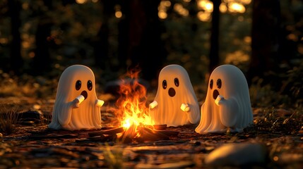 Friendly 3D-rendered ghosts sitting by a campfire roasting marshmallows as firelight reflects off their glowing bodies