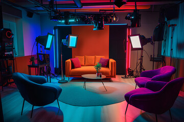 Fototapeta premium A modern studio setup featuring colorful seating and lighting for interviews or discussions.