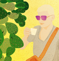 Ilustracja portret młodego człowieka w różowych okularach z filiżanką kawy w dłoni. Zielone kłujące kaktusy na żółtym tle. © Monika