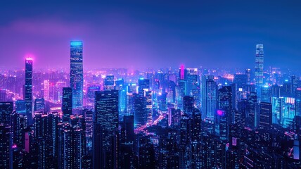 Fototapeta premium A stunning nighttime cityscape featuring vibrant neon lights illuminating the skyline, showcasing modern architecture and urban beauty.