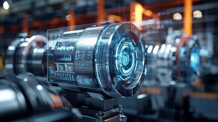 Fototapeta premium Detailed view of AI-driven turbines generating clean energy, with transparent displays showing data analytics, surrounded by digital holographic interfaces in a modern industrial setting