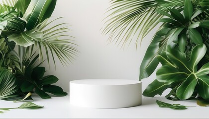 Obraz premium Minimalist white podium surrounded by tropical green leaves, perfect for showcasing products in a fresh, natural setting.