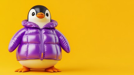 Fototapeta premium Cute Cartoon Penguin Wearing Purple Puffer Jacket on Yellow Background