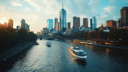 Fototapeta premium A stunning view of a city skyline at sunset, with boats on a river reflecting the vibrant colors of the evening sky.