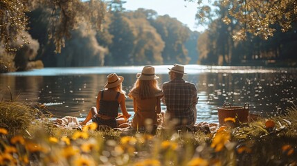 Obraz premium A family of four is enjoying a picnic by a lake