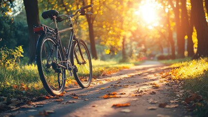 Fototapeta premium A tranquil scene of a bicycle resting on a sunlit path surrounded by autumn foliage and trees, perfect for nature lovers.