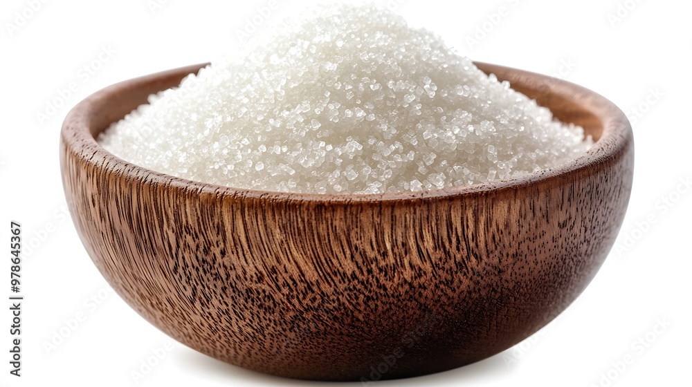Poster white sugar in a brown round serving bowl isolated on white background : generative ai