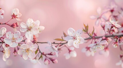 Fototapeta premium Delicate cherry blossoms on branches with a soft pink background