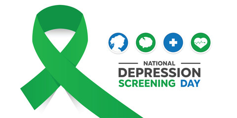 National Depression Screening Day. Ribbon, women, brain, plus icon and heart. Great for cards, banners, posters, social media and more. White background.