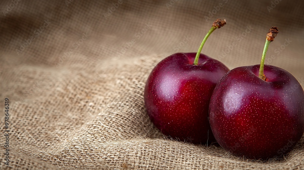 Poster two plums on burlap : generative ai