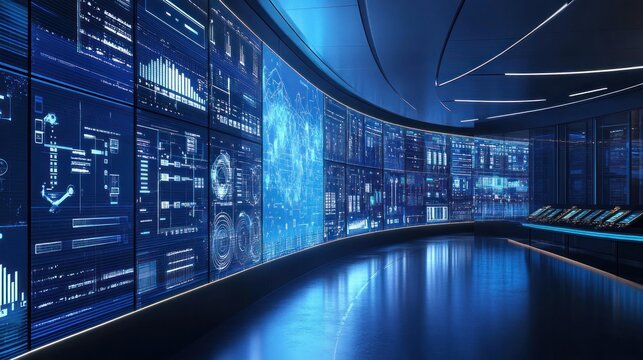 A smart grid control room with a digital wall displaying grid status and power consumption data,