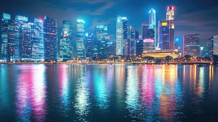 Fototapeta premium A vibrant city skyline reflecting colorful lights on water at night, showcasing modern architecture and urban energy.