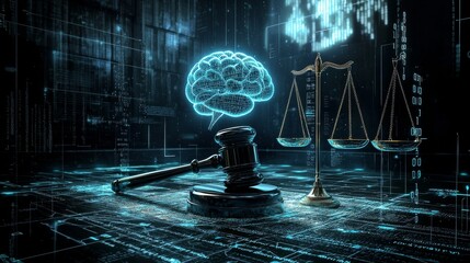 Gavel surrounded by flowing binary code, scales of justice, and a glowing AI brain in a dark, futuristic courtroom, depicting the clash between traditional law and AI systems