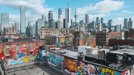 A vibrant cityscape featuring colorful murals and towering skyscrapers under a clear blue sky.