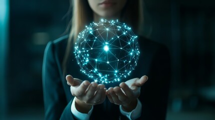 Businesswoman Holding Digital Network Sphere