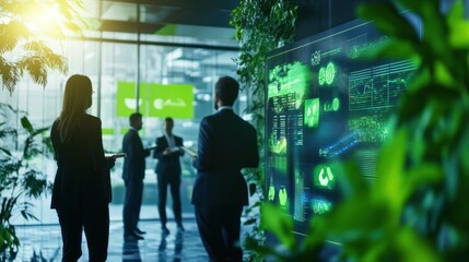 A sustainable finance conference with diverse professionals discussing eco-friendly investments, digital screens displaying green bonds and ESG ratings, modern and innovative atmosphere