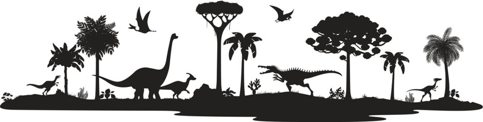 Prehistoric dinosaur silhouettes. Isolated vector black panoramic scene of Jurassic era landscape with dino species shadow, flying pterosaurs and towering sauropods, exotic trees and rugged terrain © Vector Tradition