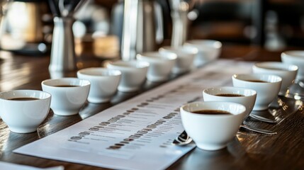 A table set up for a coffee cupping session, with multiple cups, spoons, and a detailed tasting chart