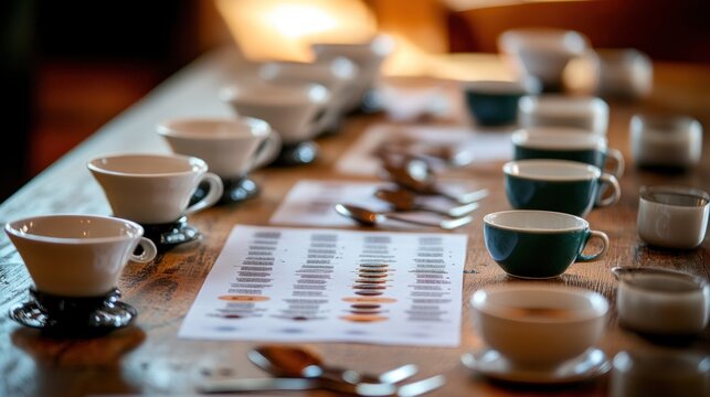 A table set up for a coffee cupping session, with multiple cups, spoons, and a detailed tasting chart
