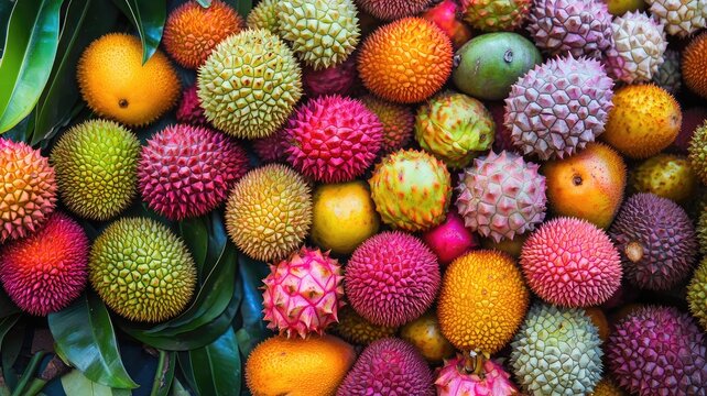 A vibrant collection of exotic fruits showcasing a colorful array of textures and shapes, perfect for a tropical theme.