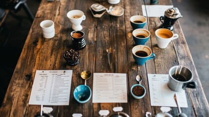 A table set up for a coffee cupping session, with multiple cups, spoons, and a detailed tasting chart