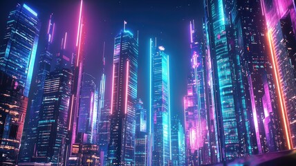 Fototapeta premium A vibrant futuristic cityscape illuminated by neon lights, showcasing tall skyscrapers and a dreamlike urban environment.