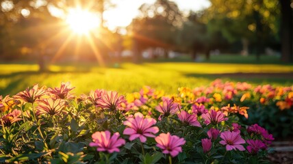 Fototapeta premium A vibrant garden scene featuring blooming flowers under the warm sunlight, creating a serene and picturesque atmosphere.