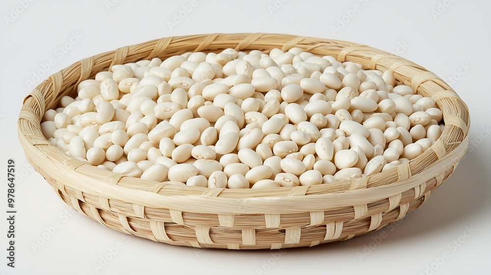 Poster haricot beans in a bamboo serving bowl isolated on white background : generative ai