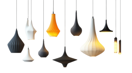 Array of Lights Hanging From Ceiling. On a White or Clear Surface PNG Transparent Background..