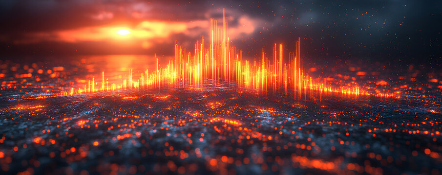 Business impact, holographic price reduction, futuristic financial crisis, neon tech design