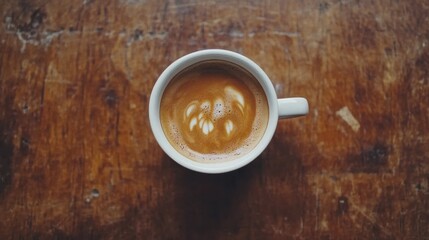 A top-down view of a cup of coffee with a beautiful cream pattern, sitting on a wooden table