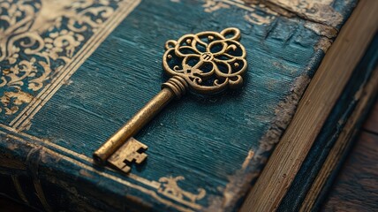An antique brass key rests on a vintage book, embodying mystery and history, perfect for storytelling and artistic inspiration.