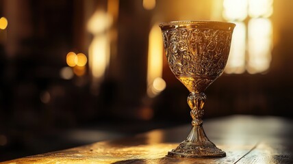 An elegant antique chalice sits on a wooden table, surrounded by soft golden light, creating a serene and captivating atmosphere.