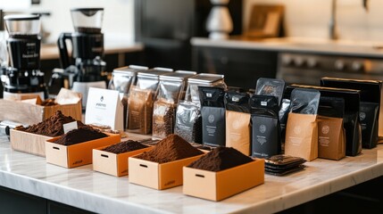 A variety of coffee subscription boxes displayed on a kitchen counter, each with different coffee blends