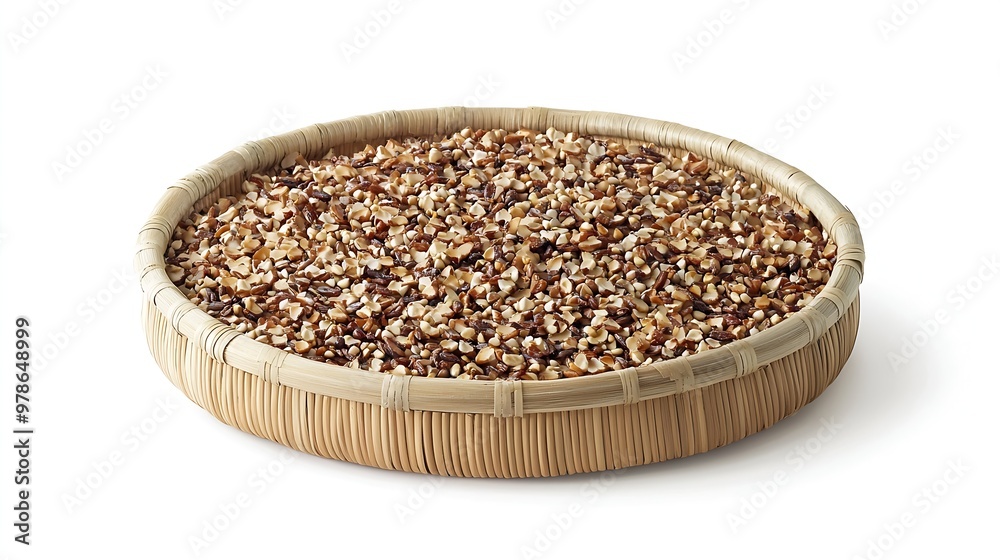 Poster buckwheat cereal in a round bamboo serving bowl isolated on white background : generative ai