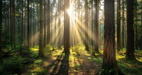 Obraz premium Dense forest with sunlight streaming through the tall trees