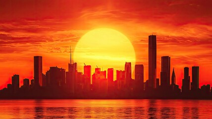 Beautiful sunset over a city skyline, featuring vibrant orange hues reflecting on calm waters, creating a stunning evening atmosphere.